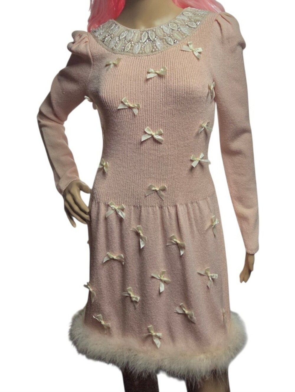 Vintage Pink Bow Beaded Sweater Knit Dress with Marabou 6